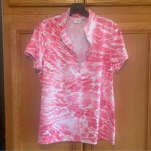 Chico's pink & Wh Striped 1/4 zip (green piping) short sleeve Shirt large 2